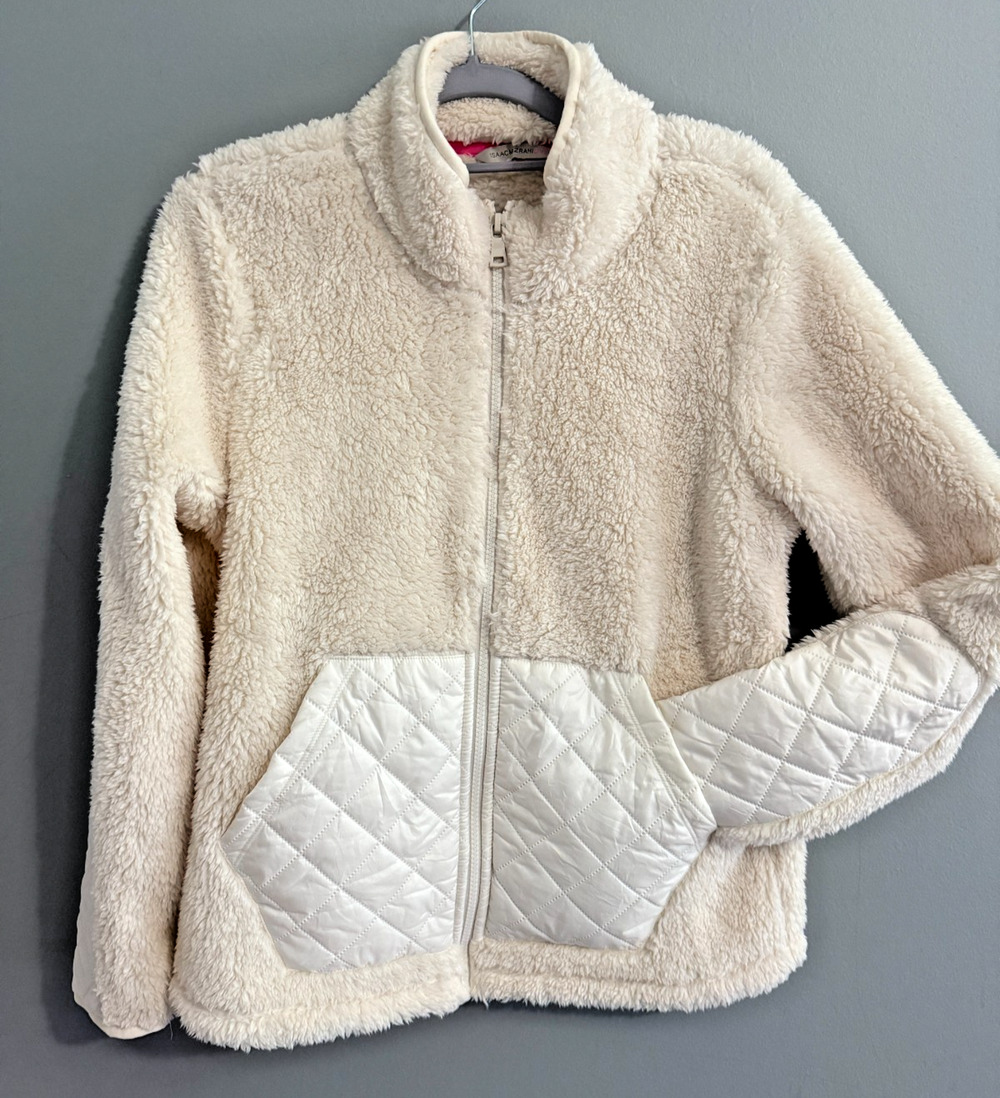 Isaac Mizrahi Sherpa Fleece Jacket Women Cream Zip Quilted Pockets XXS NWOT